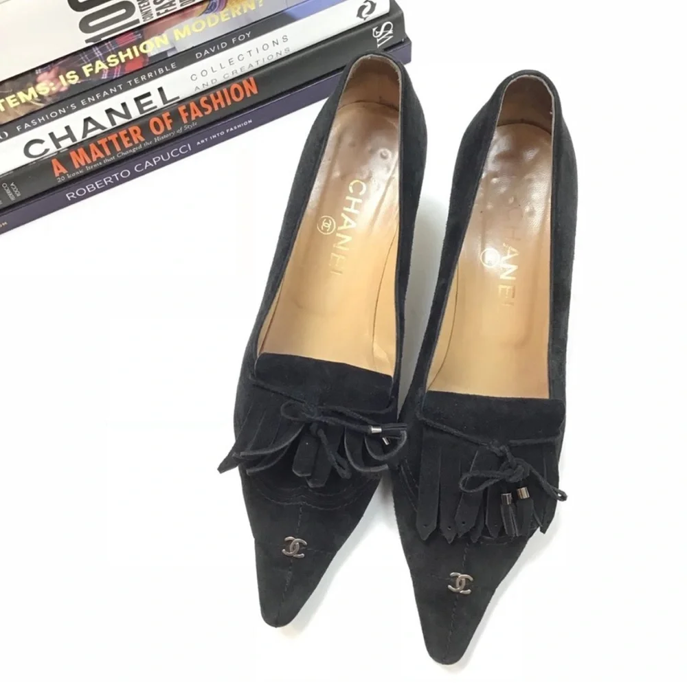 Chanel Heels Pointed Toe Logo Tassel Fringe